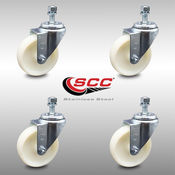 4 Inch SS Nylon Wheel Swivel 3/8 Inch Threaded Stem Caster Set